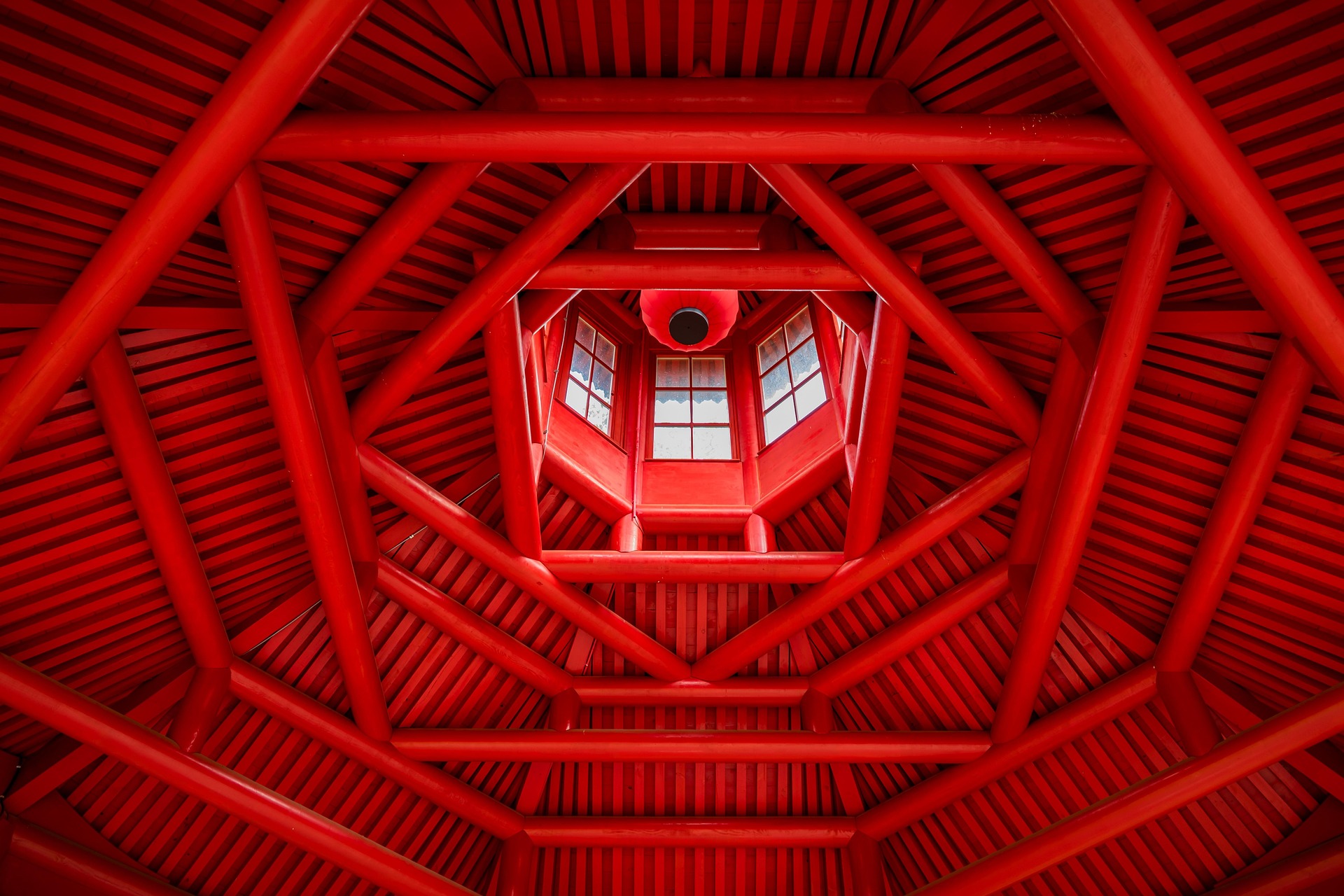 interior view of a roof and trusses